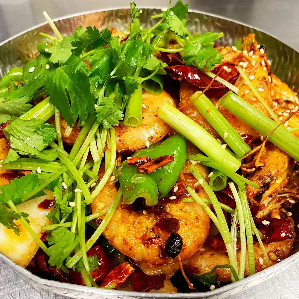 Dry pot spicy shrimp with celery & cilantro at Sichuan Spicy Factory 大川小渝，a Chinese Restaurant in Chino